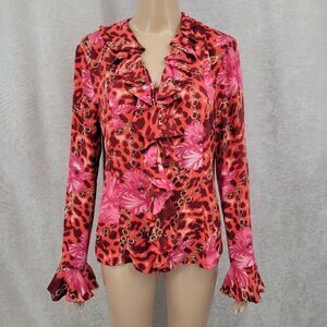 Gallia Y2K Silk Floral Leopard Cascading Ruffle Poet Red Pink Blouse Top